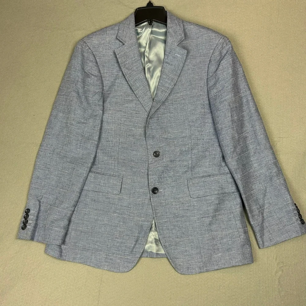 Charles Tyrwhitt Sport Coat Slim Fit Linen Cotton Plaid Men 40S Light Blue